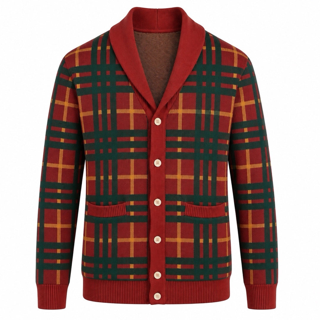 Cardigan en maille jacquard à carreaux classique vintage marron pour homme