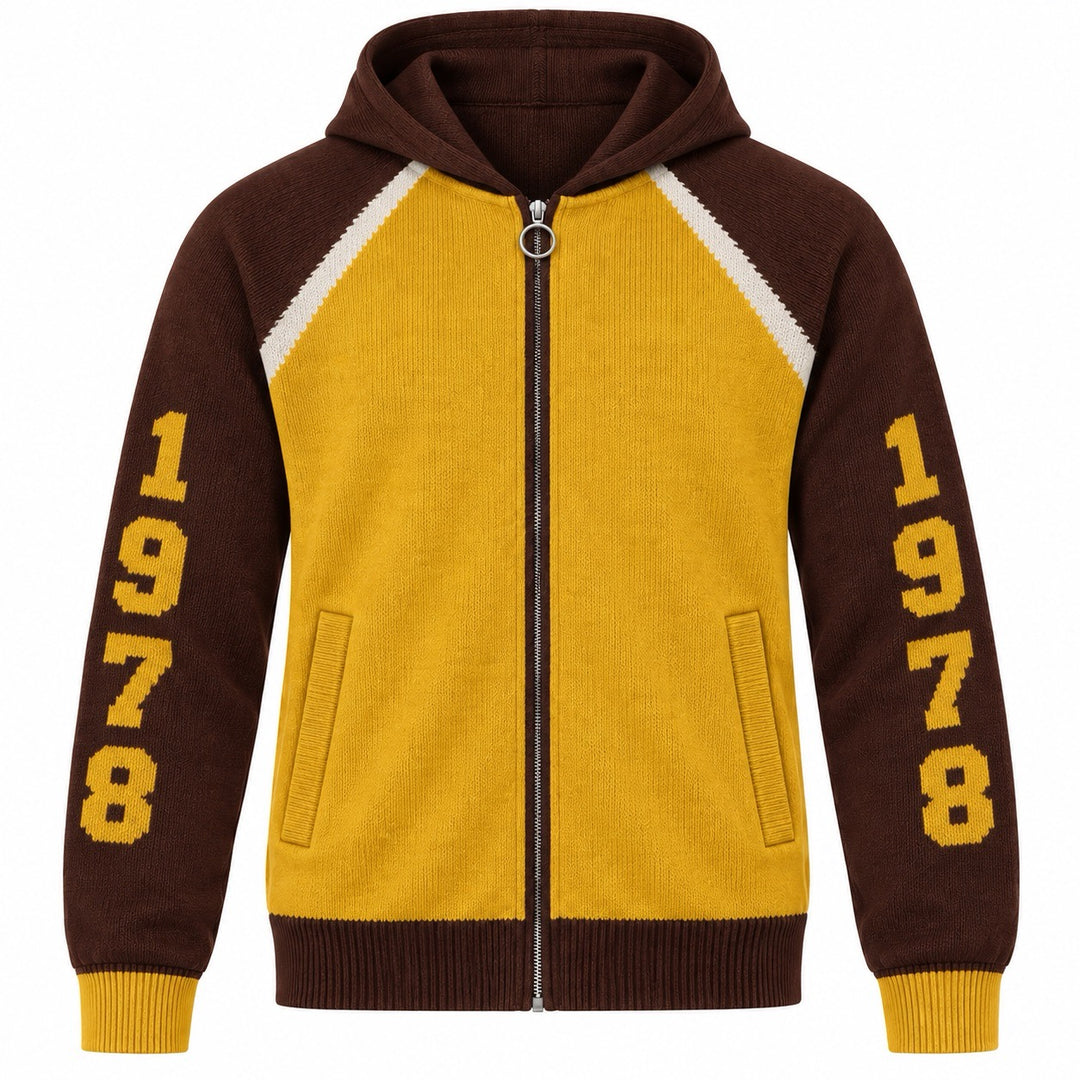 Cardigan à capuche en maille style universitaire années 70 beige pour homme
