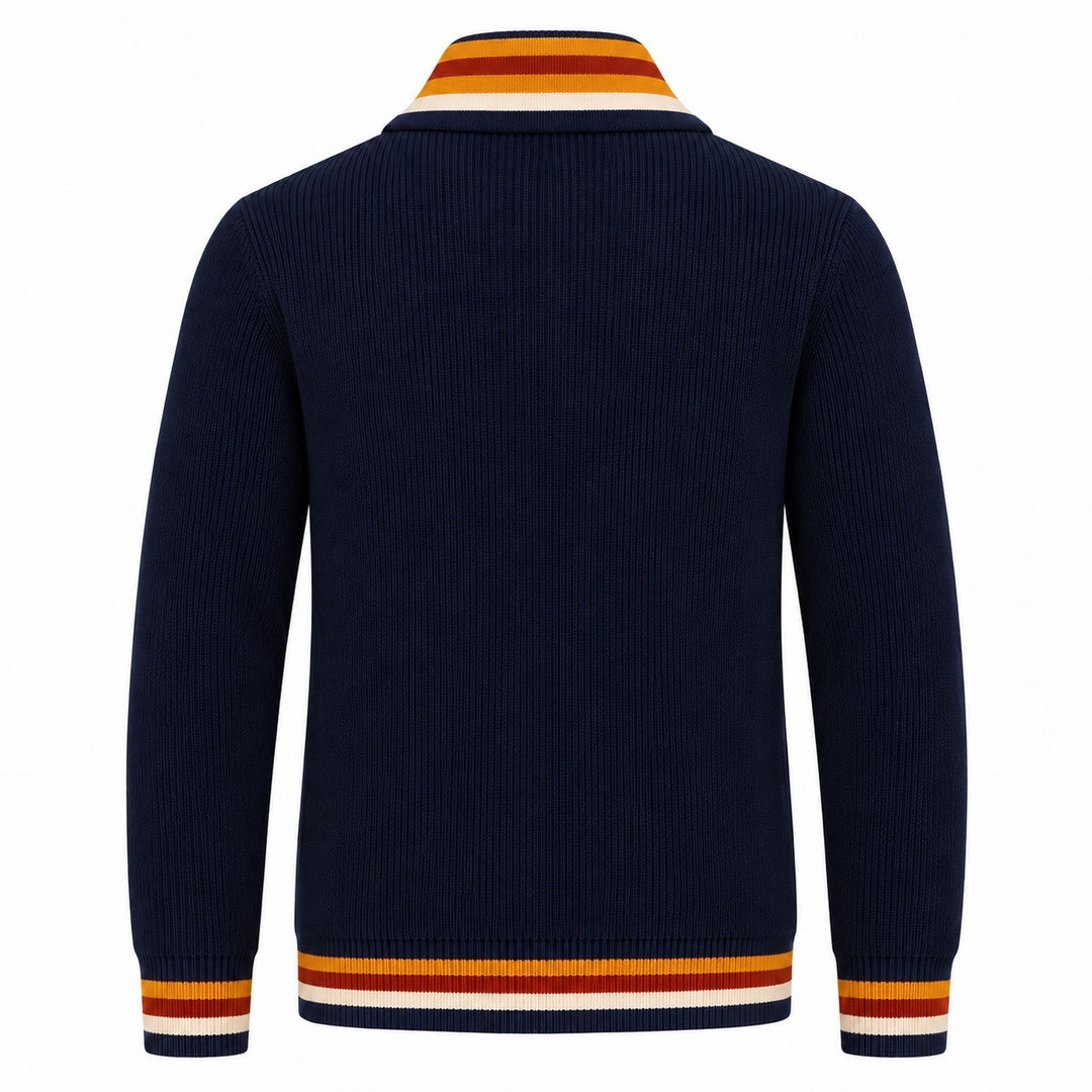 Men's Navy Blue Vintage Collegiate Double-Breasted Pocket Knit Cardigan