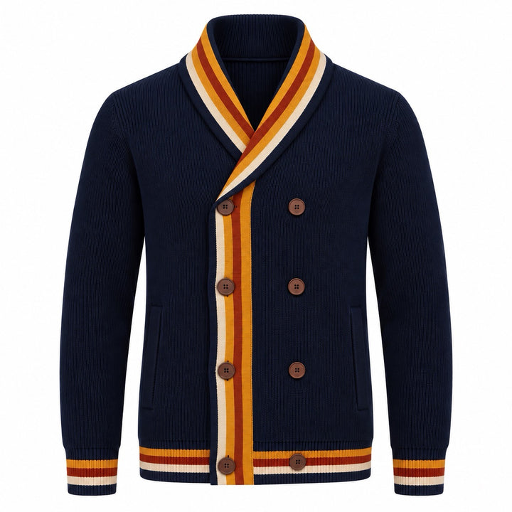 Men's Navy Blue Vintage Collegiate Double-Breasted Pocket Knit Cardigan