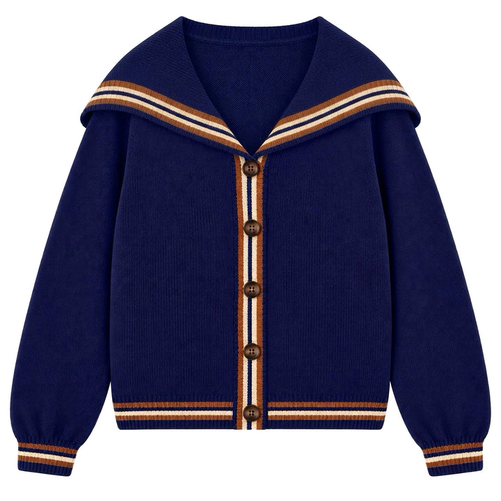 Dame Marineblå 70-talls Preppy Stripet Jacquard Sjømannskrage Strikket Cardigan