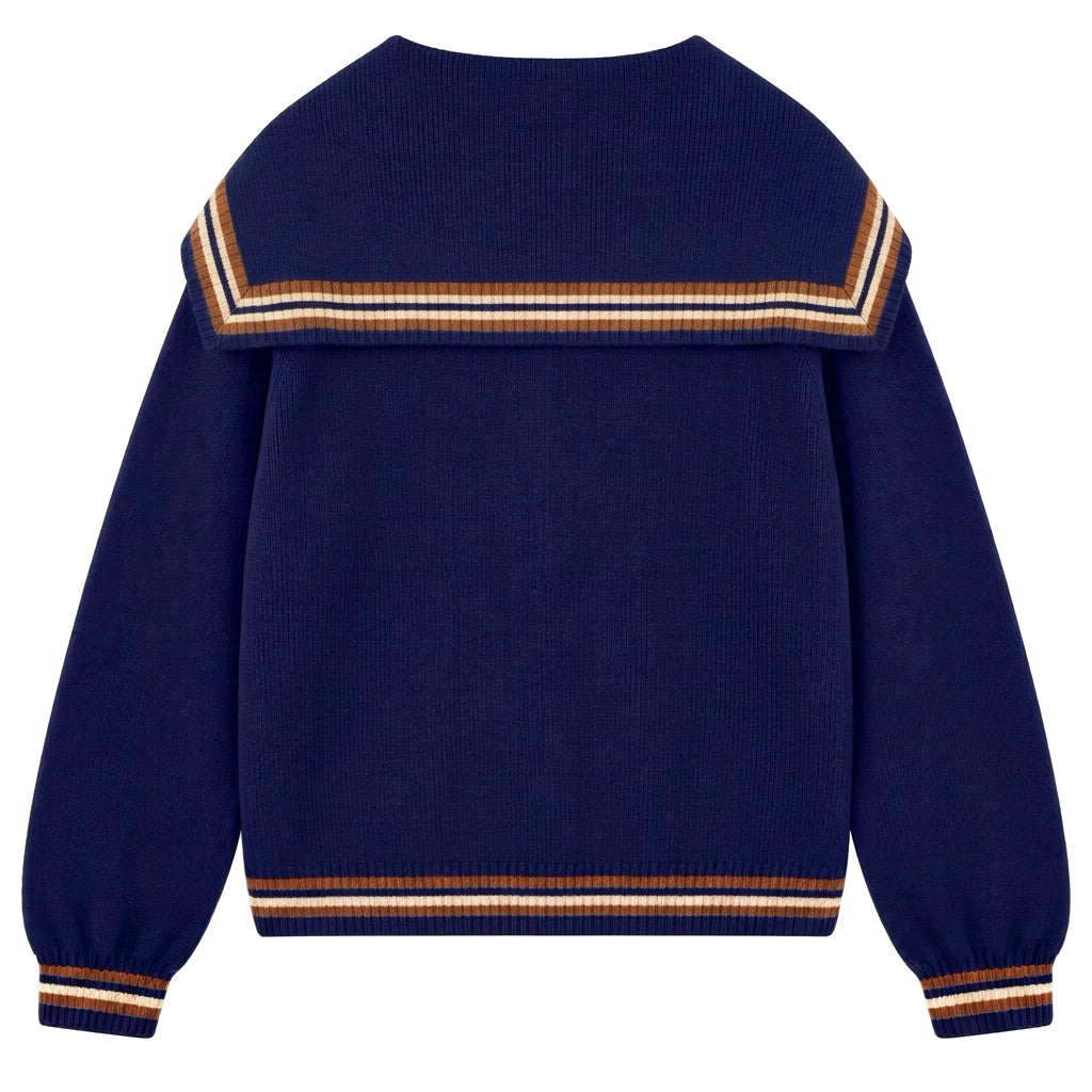 Dame Marineblå 70-talls Preppy Stripet Jacquard Sjømannskrage Strikket Cardigan