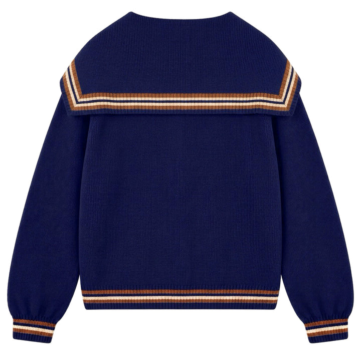 Dame Marineblå 70-talls Preppy Stripet Jacquard Sjømannskrage Strikket Cardigan
