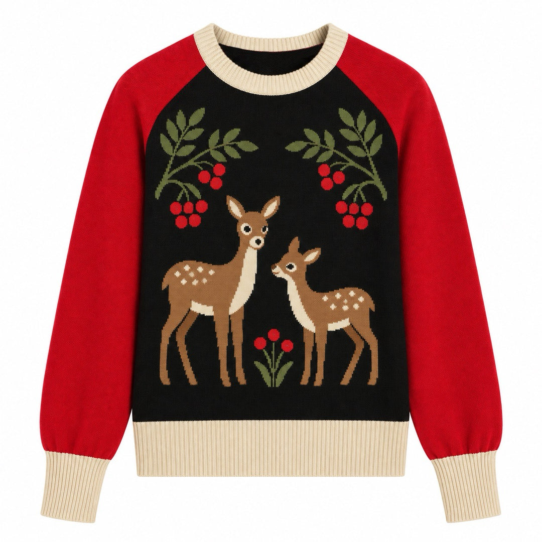 Women's Black Vintage Whimsical Christmas Forest Jacquard Knit Sweater