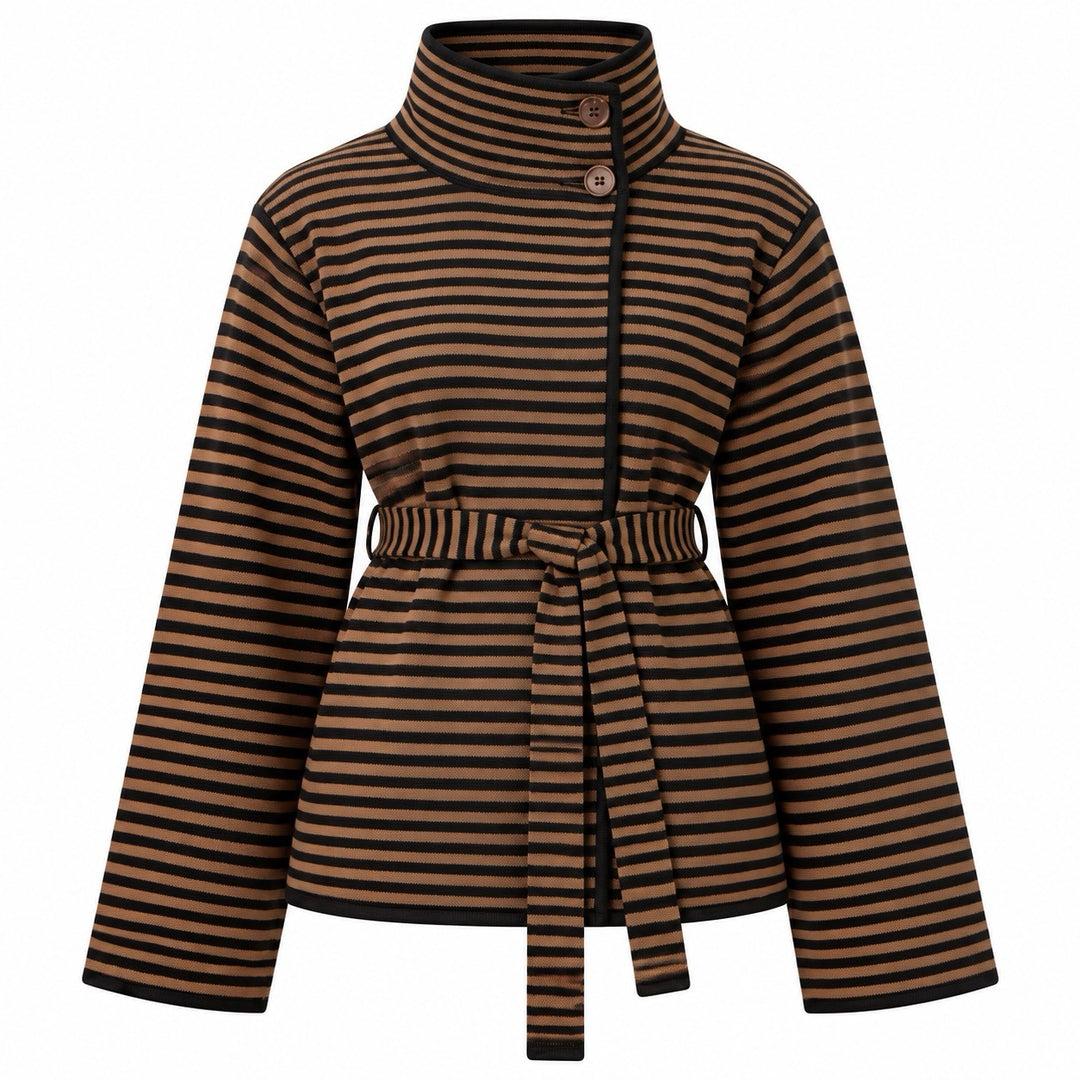 Women's Brown 70s Vintage Minimalist Striped Jacquard Lace-Up Knit Cardigan