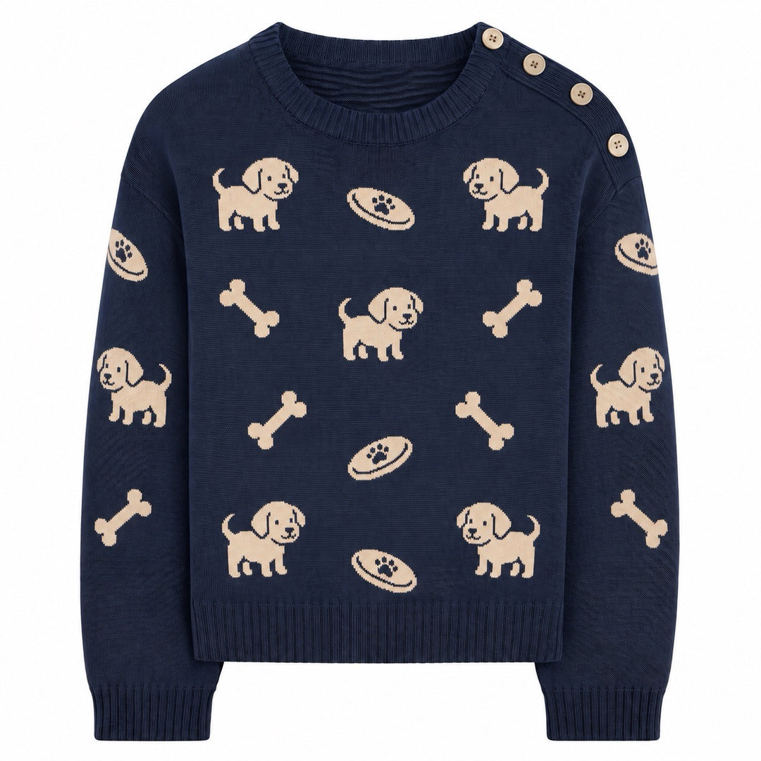 Women's Navy Blue Vintage Fun Dog Pattern Jacquard Drop Shoulder Knit Sweater