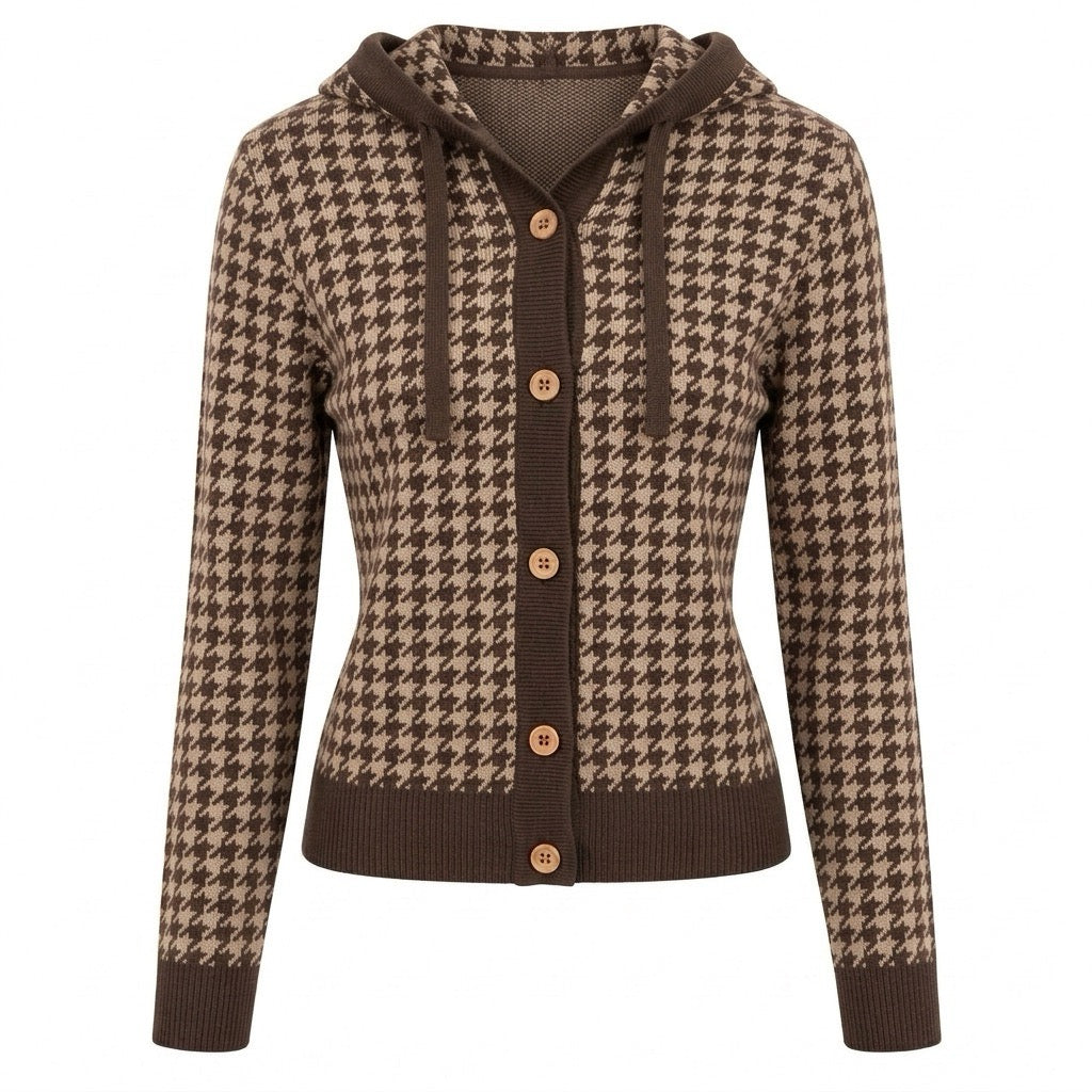 Dame 70'er Vintage Collegiate Hættetrøje Strikket Cardigan - Kort Længde