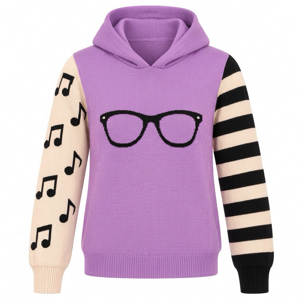 Women's Purple 60s Retro Collegiate Playful Hooded Knit Sweater