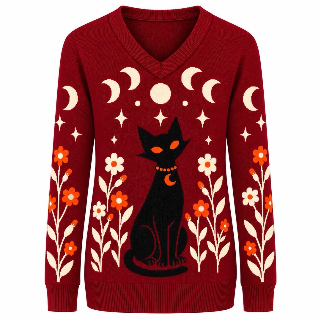 Women's Burgundy Mysterious Gothic Folk Jacquard Knit Sweater