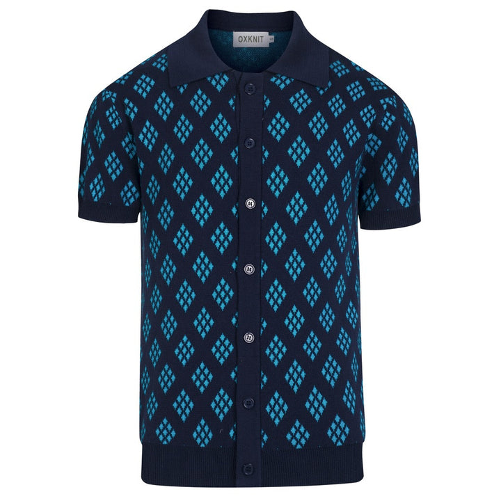 Herrarnas mörkblå 60-tals retro stickad polokofta med diamantmönster