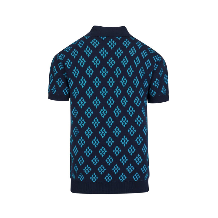 Herrarnas mörkblå 60-tals retro stickad polokofta med diamantmönster