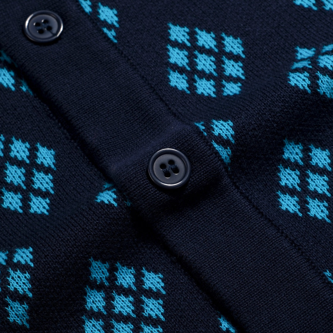 Herrarnas mörkblå 60-tals retro stickad polokofta med diamantmönster
