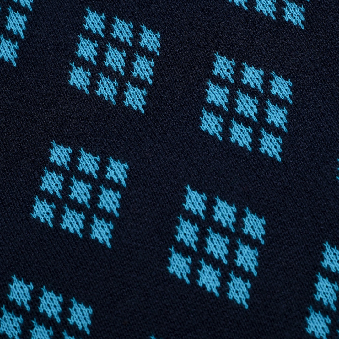 Herrarnas mörkblå 60-tals retro stickad polokofta med diamantmönster