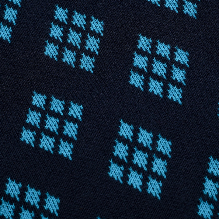 Herrarnas mörkblå 60-tals retro stickad polokofta med diamantmönster