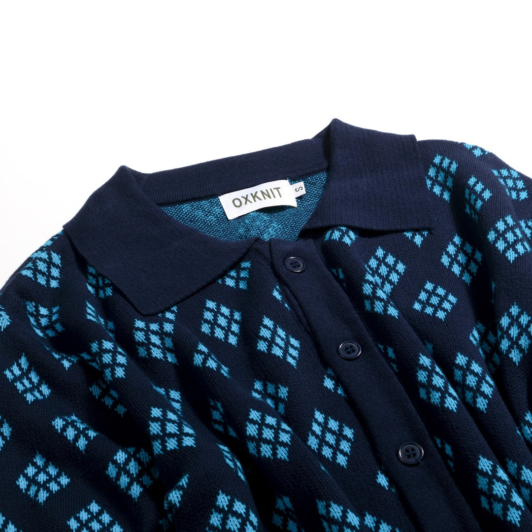 Herrarnas mörkblå 60-tals retro stickad polokofta med diamantmönster