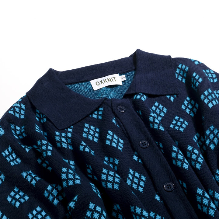 Herrarnas mörkblå 60-tals retro stickad polokofta med diamantmönster