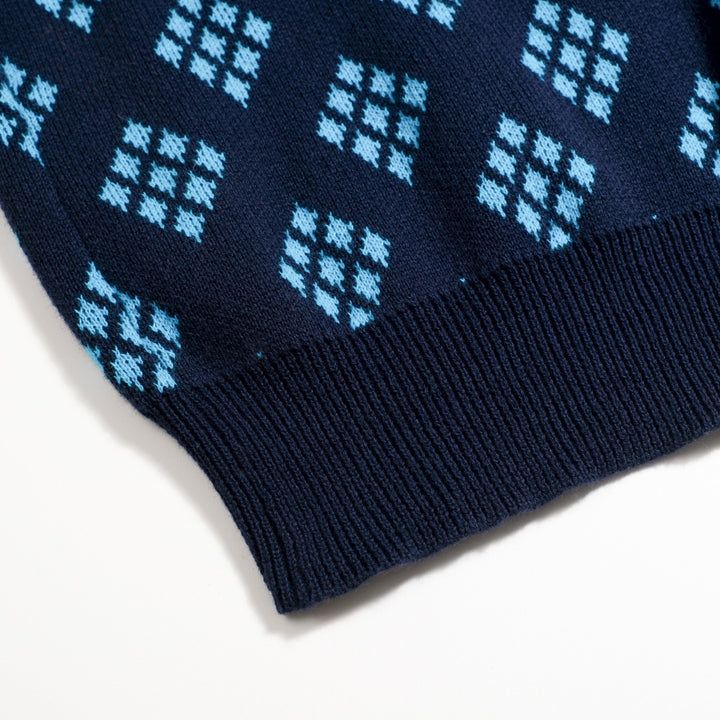 Herrarnas mörkblå 60-tals retro stickad polokofta med diamantmönster