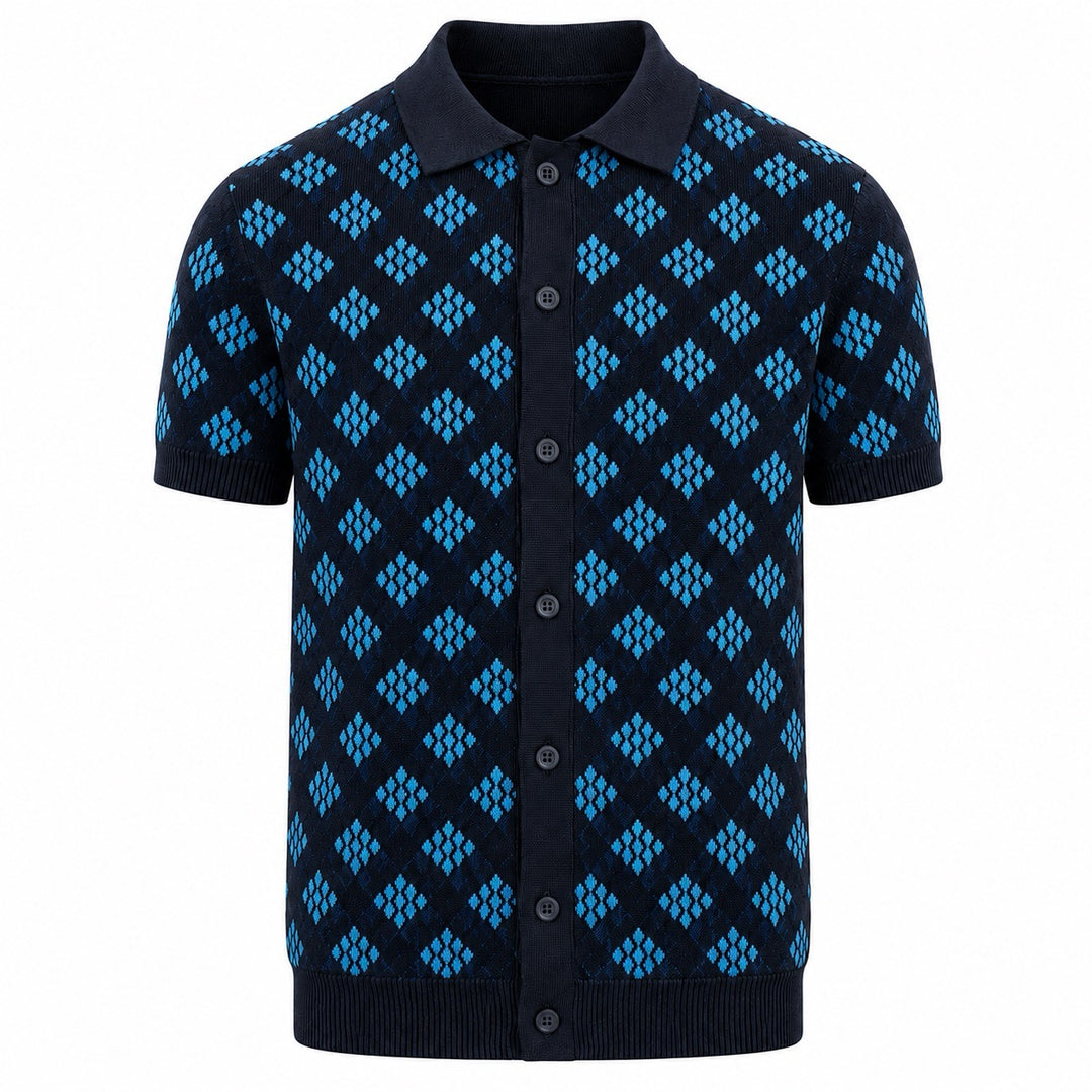 Men's Dark Blue 60s Retro Diamond Pattern Knit Polo Cardigan