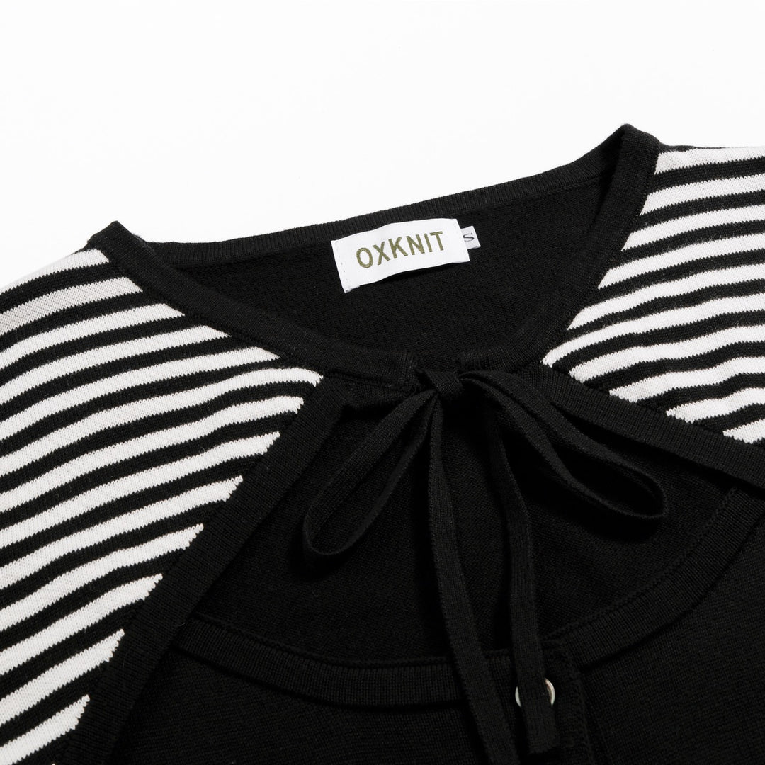 Cardigan en maille noir à rayures années 70 pour femme, manches mi-longues