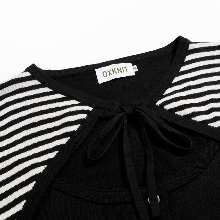 Cardigan en maille noir à rayures années 70 pour femme, manches mi-longues