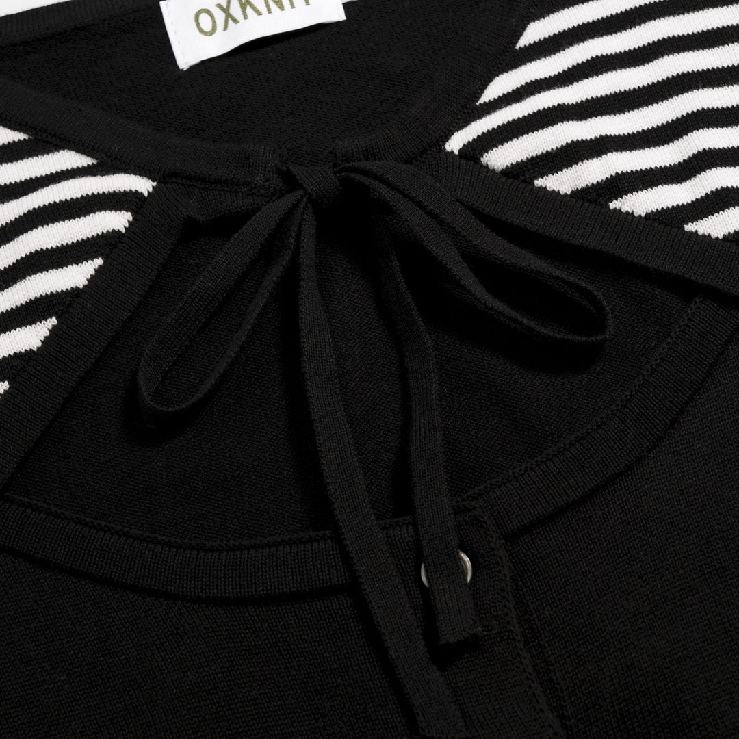 Cardigan en maille noir à rayures années 70 pour femme, manches mi-longues