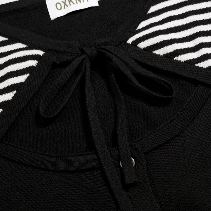 Cardigan en maille noir à rayures années 70 pour femme, manches mi-longues