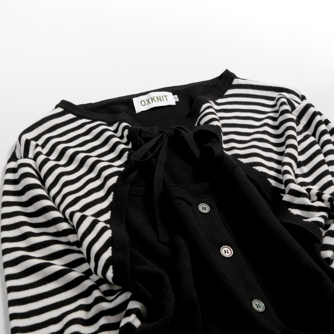 Cardigan en maille noir à rayures années 70 pour femme, manches mi-longues