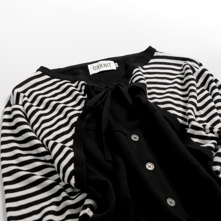 Cardigan en maille noir à rayures années 70 pour femme, manches mi-longues