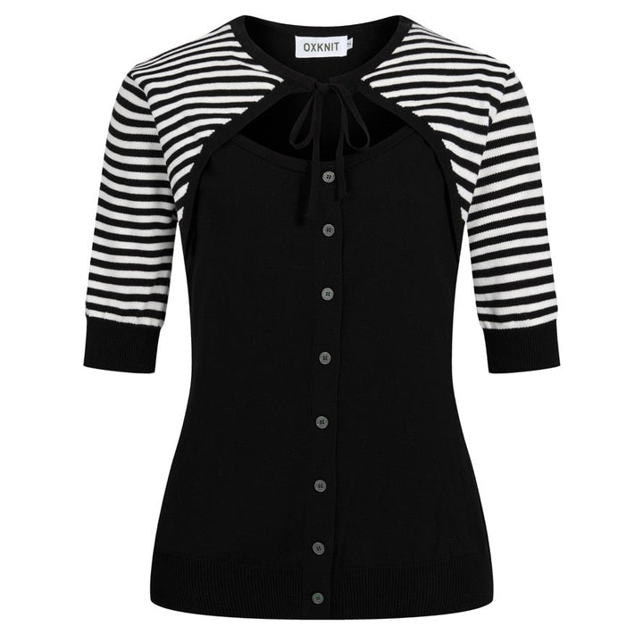 Cardigan en maille noir à rayures années 70 pour femme, manches mi-longues
