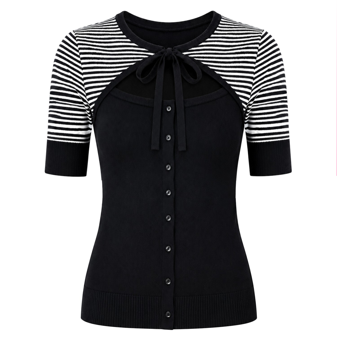 Camiseta de punto jacquard a rayas de mujer de color marrón