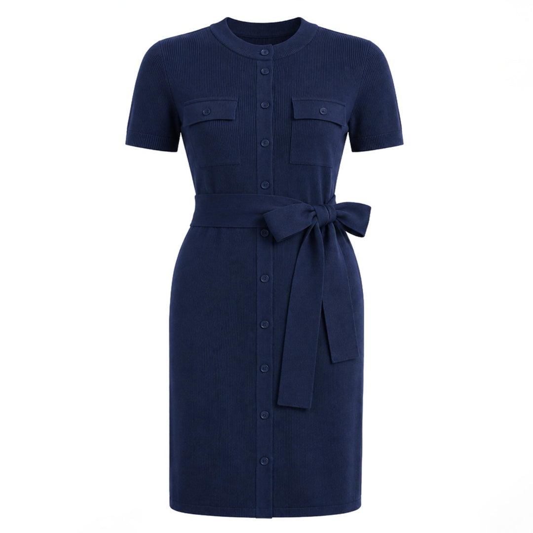 Women's 70s Navy Blue Minimalist Pocket Short Sleeve Knit Dress – OXKnit