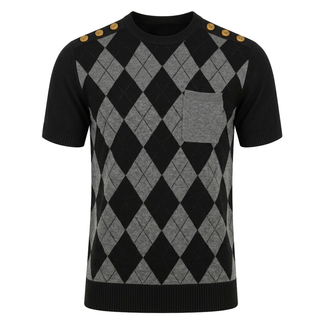 Men’s Black 70s Argyle Shoulder-Button Pocket Crew Neck Knit T-Shirt