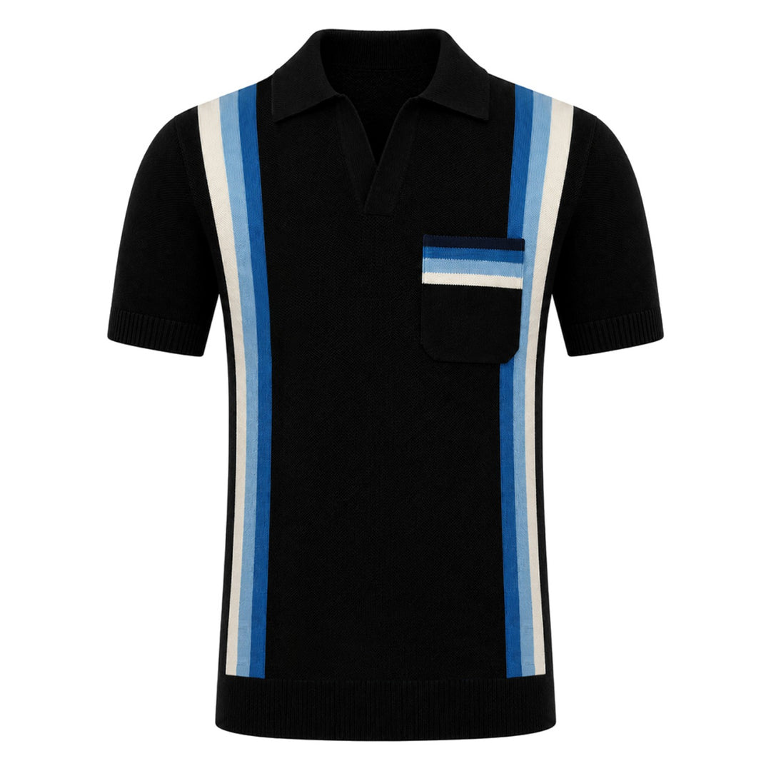 Men's Black Retro Blue-Tone Vertical Stripe Polo Knit T-Shirt