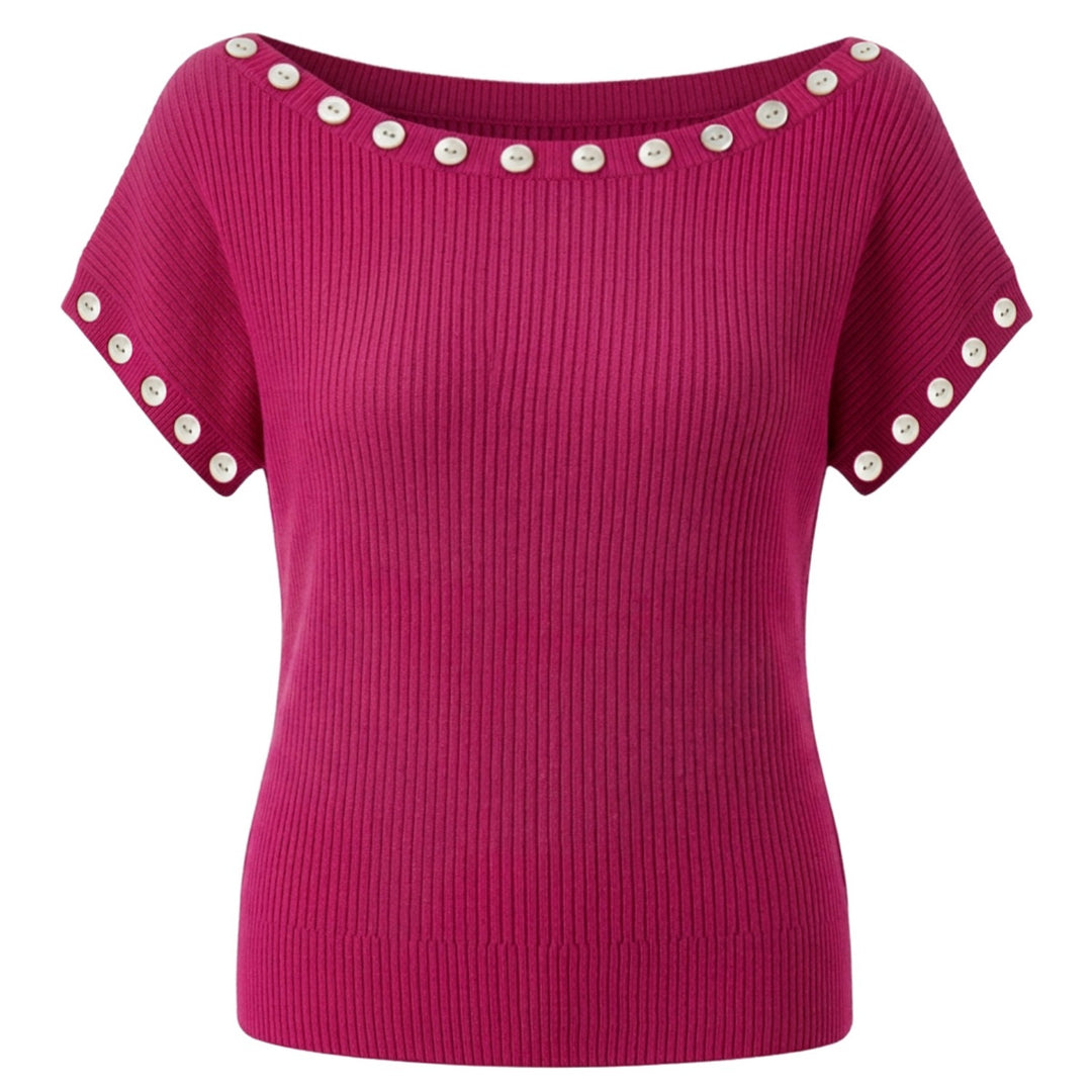 Women's Rose Red Ribbed Striped Button-Up Knit T-Shirt - Cropped Length
