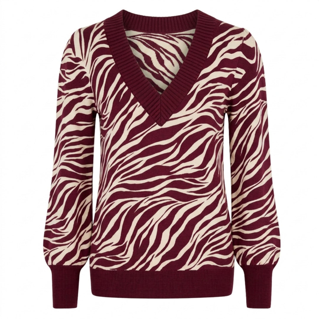 Women's Burgundy 70s Zebra Jacquard V-Neck Knit Sweater