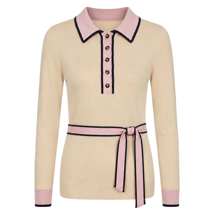 Women's Beige French Vintage Elegant Tie-Neck Polo Knit Shirt