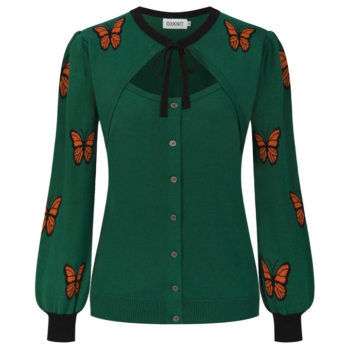 Women's Green Vintage Butterfly Jacquard Knit Cardigan