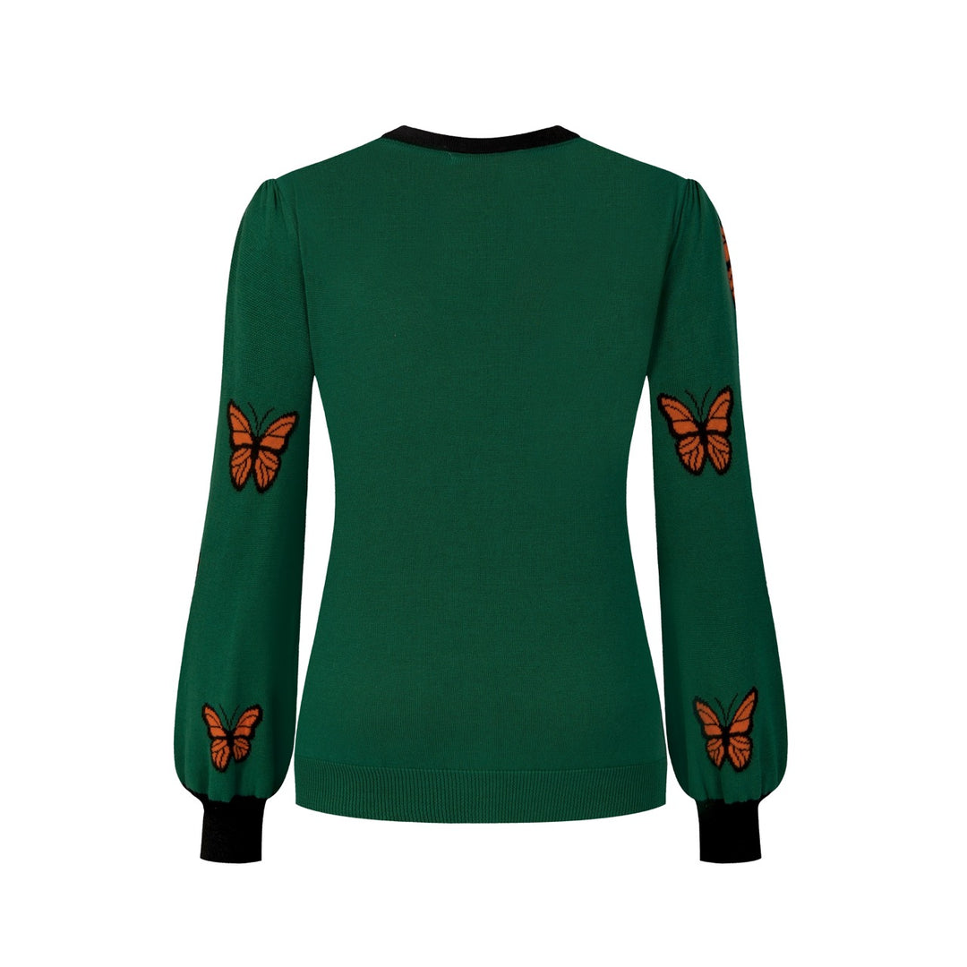 Women's Green Vintage Butterfly Jacquard Knit Cardigan
