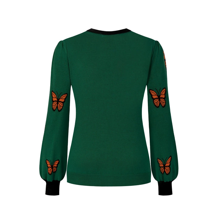 Women's Green Vintage Butterfly Jacquard Knit Cardigan