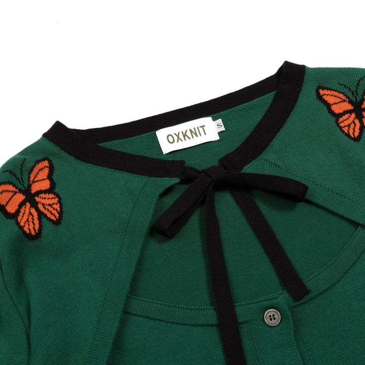 Women's Green Vintage Butterfly Jacquard Knit Cardigan