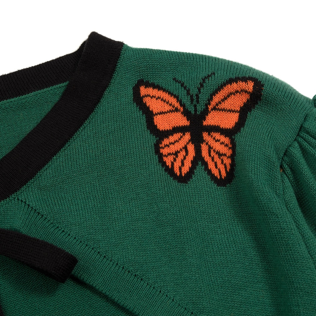 Women's Green Vintage Butterfly Jacquard Knit Cardigan