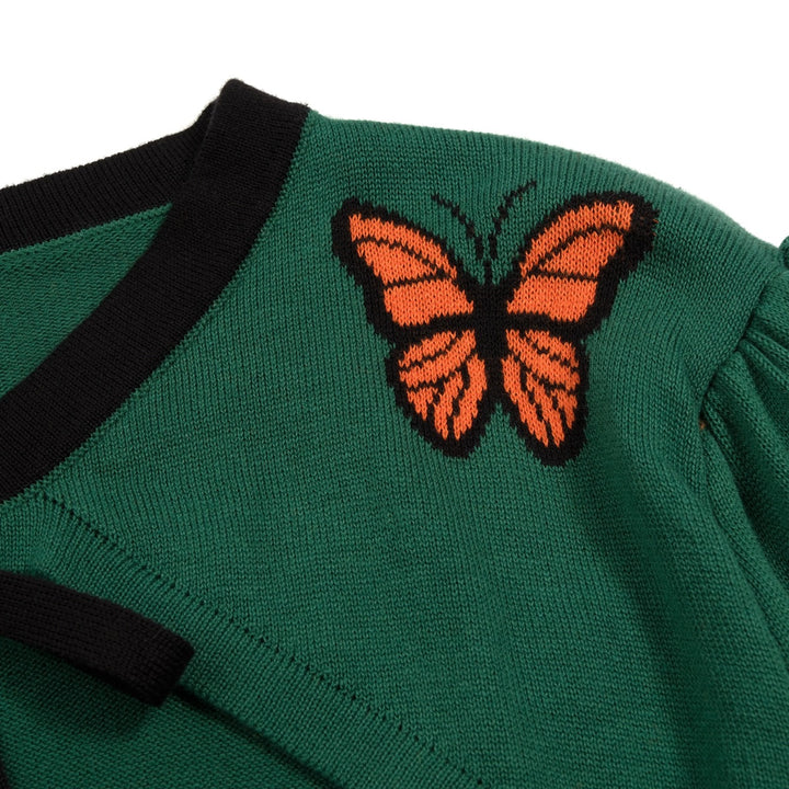 Women's Green Vintage Butterfly Jacquard Knit Cardigan
