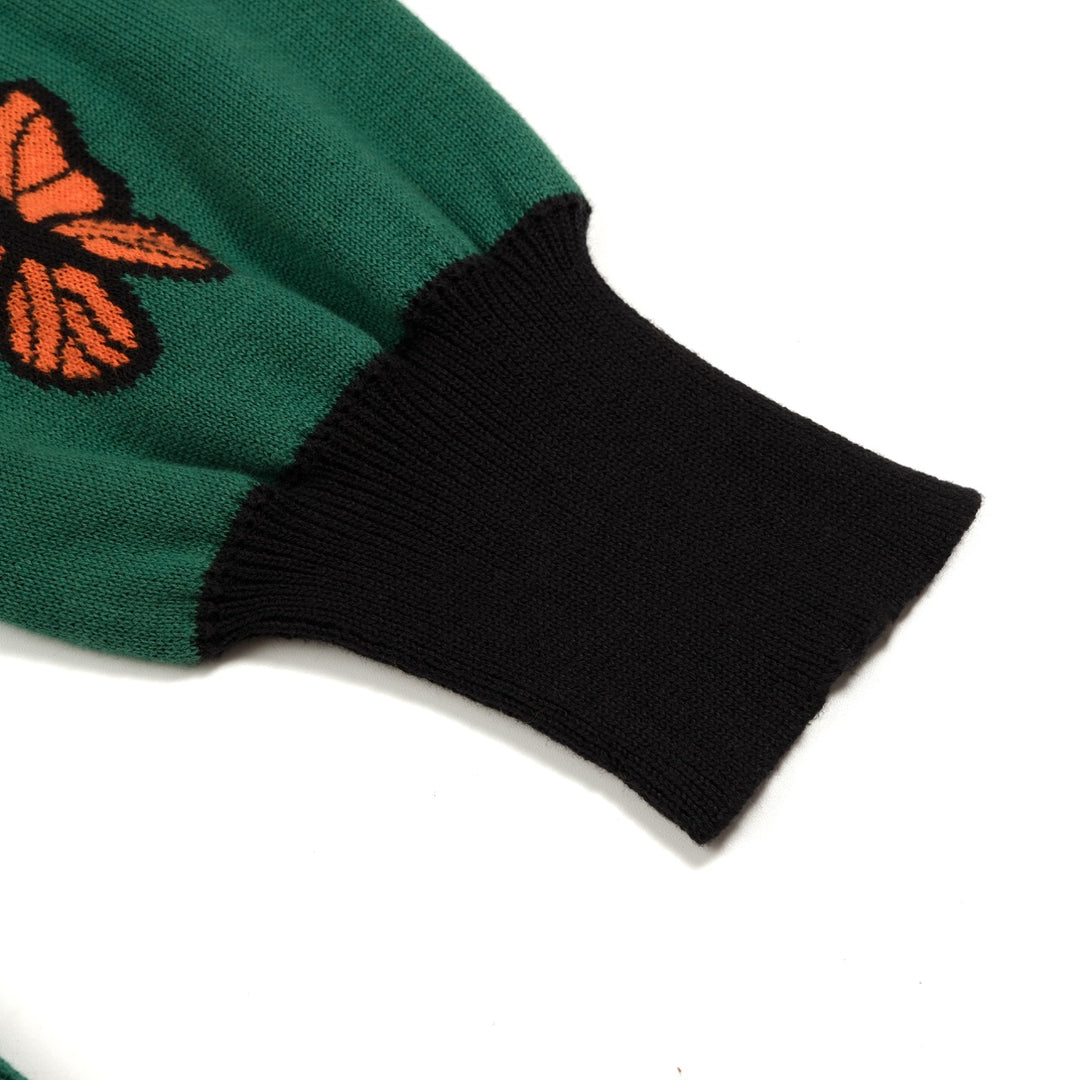 Women's Green Vintage Butterfly Jacquard Knit Cardigan