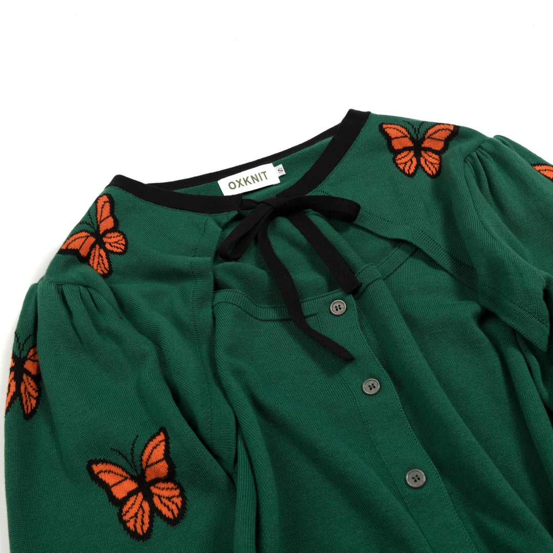 Women's Green Vintage Butterfly Jacquard Knit Cardigan