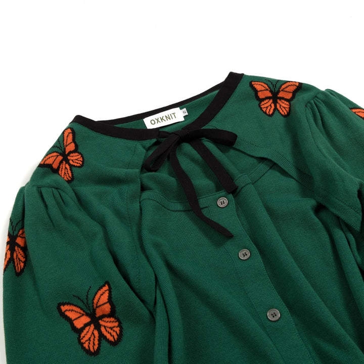 Women's Green Vintage Butterfly Jacquard Knit Cardigan
