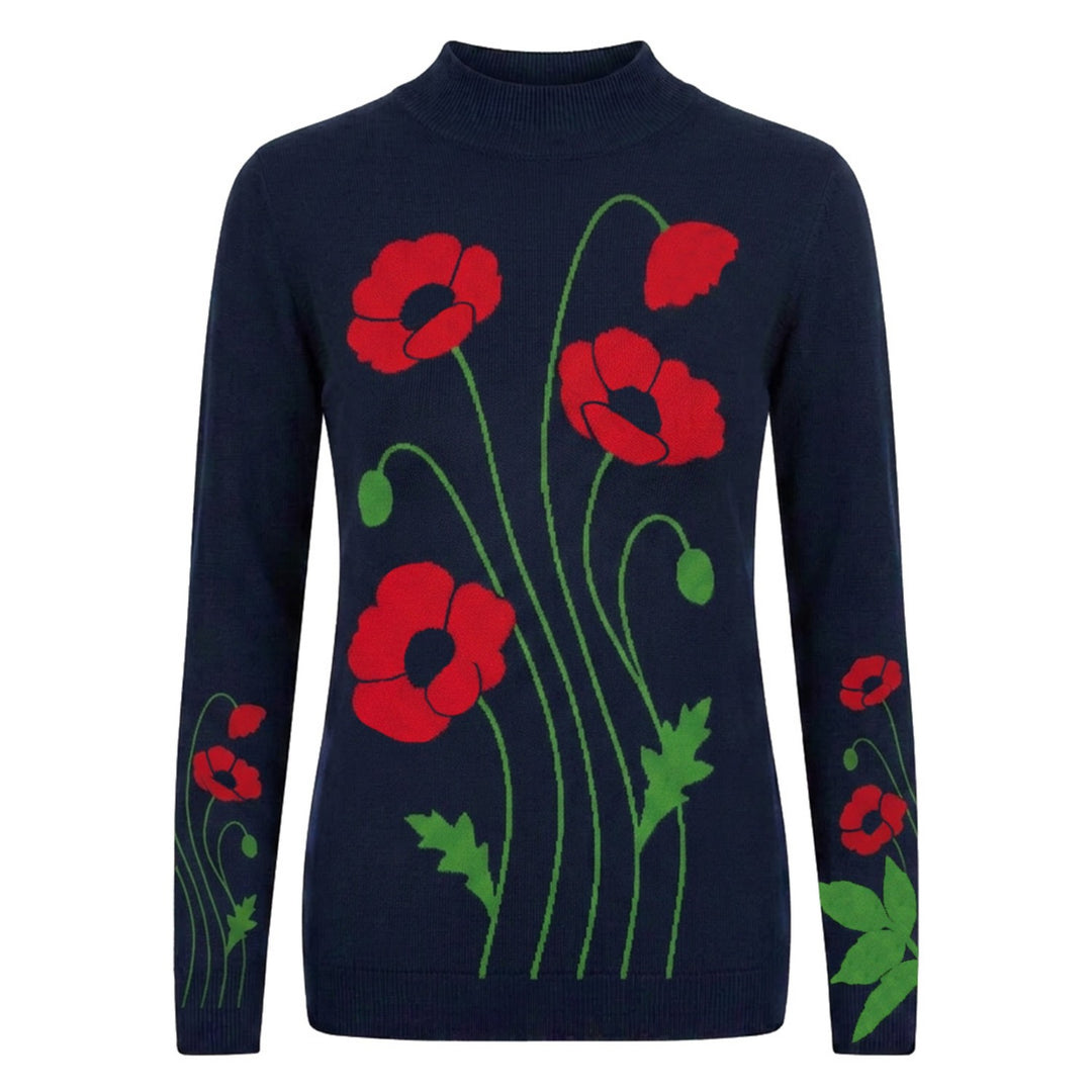 Women's Navy Blue 70s Floral Jacquard Knit Shirt
