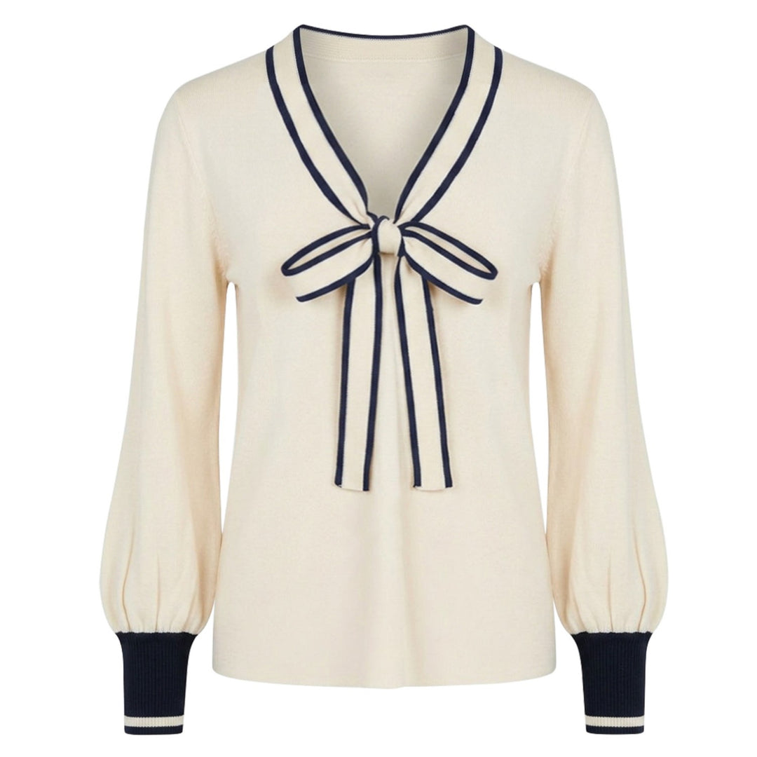 Women's Beige French Soft Bow V-Neck Knit Sweater