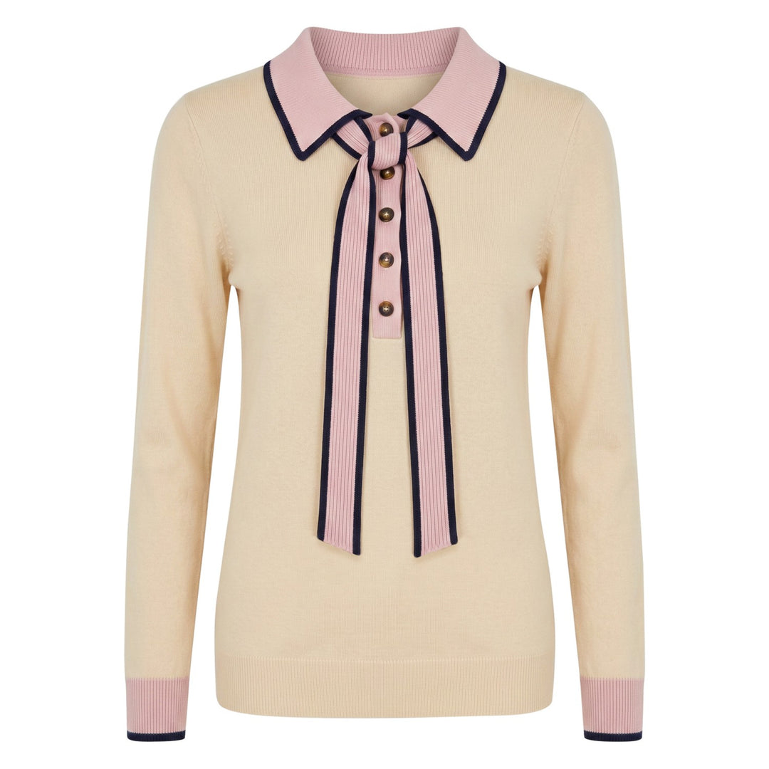 Women's Beige French Vintage Elegant Tie-Neck Polo Knit Shirt