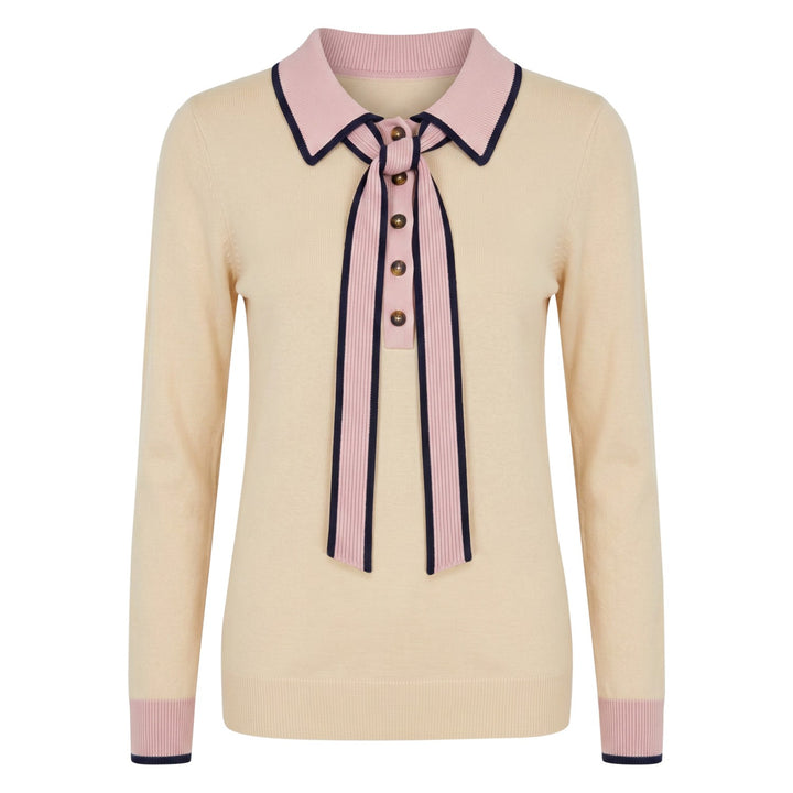 Women's Beige French Vintage Elegant Tie-Neck Polo Knit Shirt