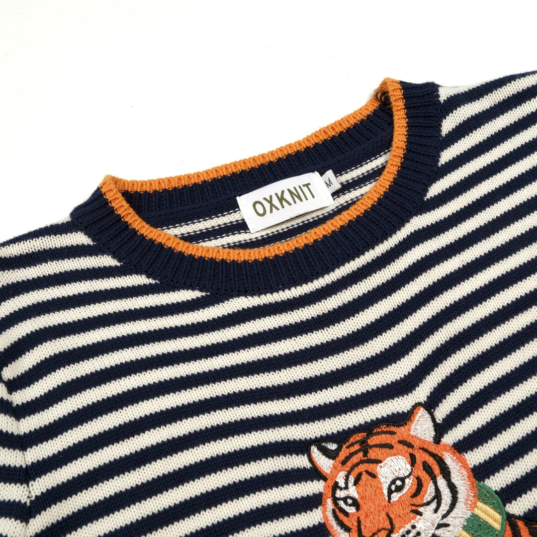 Women's Navy Blue Striped Tiger Embroidered Knit Shirt